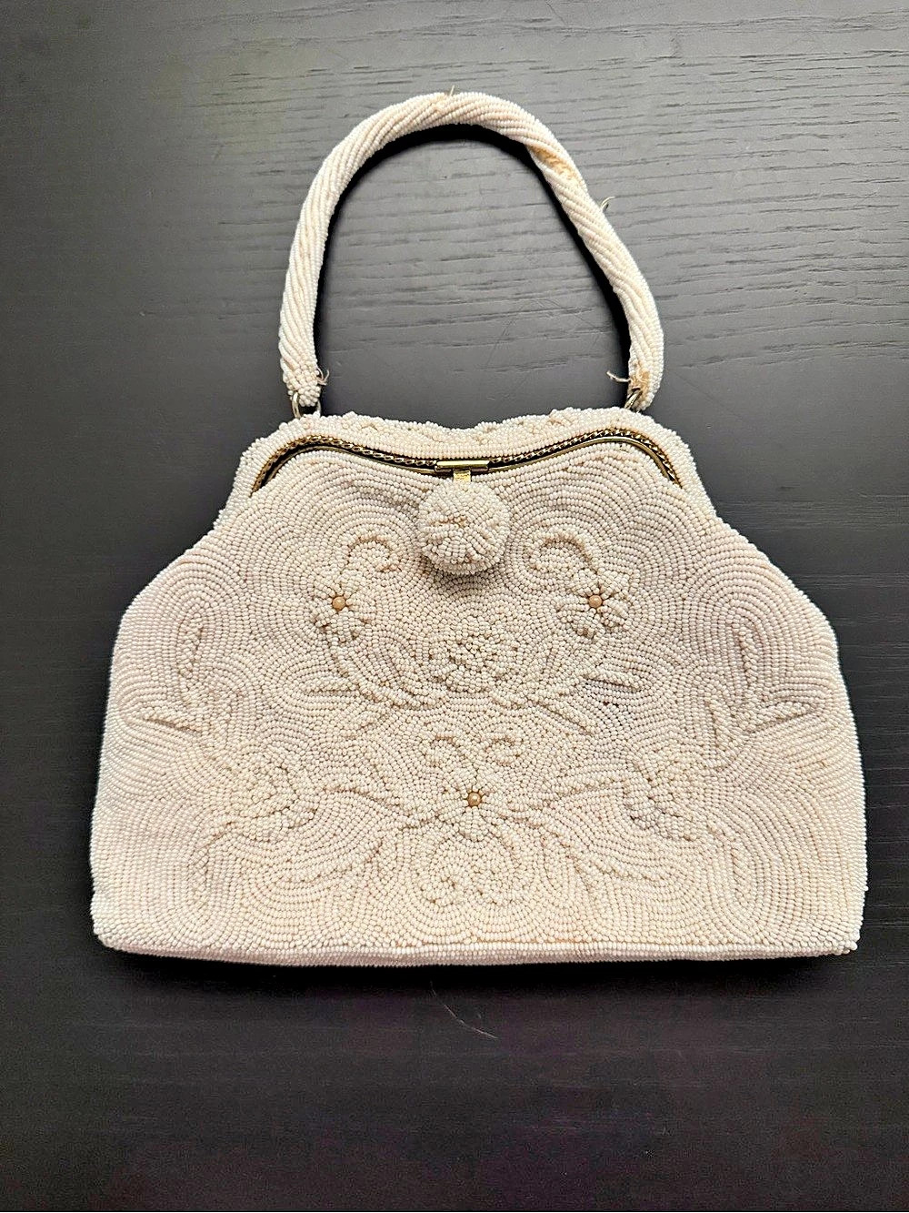 Vintage 50s White Beaded Floral Shoulder Bag
